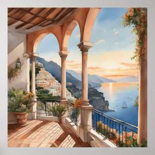 Positano droom: Waterverf Sunset Vista Poster