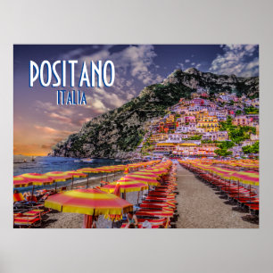 Positano Italië Amalfi Kust Zonsondergang Reizen Poster