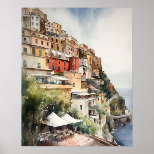 Positano Italië Aquarel Kunstprint Poster (Voorkant)