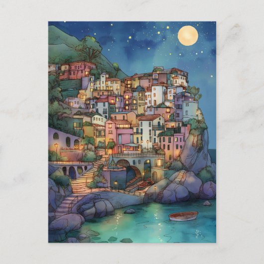 Positano, Italië – Coastal Village & Starry Sky Briefkaart (Voorkant)