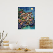Positano, Italië – Coastal Village & Starry Sky Poster (Keuken)