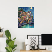 Positano, Italië – Coastal Village & Starry Sky Poster (Thuiskantoor)