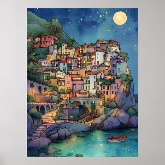Positano, Italië – Coastal Village & Starry Sky Poster (Voorkant)