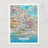Positano Italië Famous Travel Waterverf Sketch Briefkaart (Voorkant)