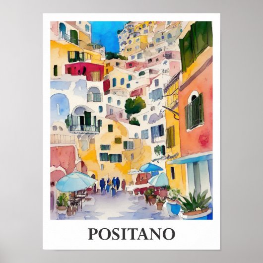 Positano Italië Kunst Waterverf Reizen Poster (Voorkant)