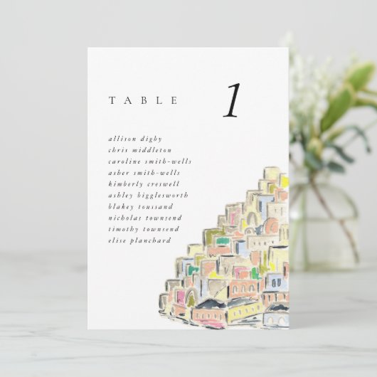 Positano Italië watercolor 13x18cm trouwtafelkaart (Staand voorkant)