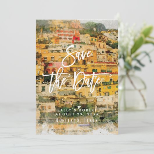 Positano Italië zomer bruiloft save the date kaart (Staand voorkant)