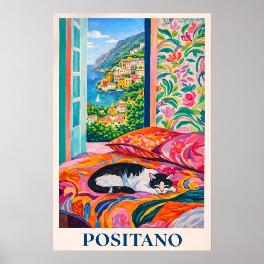 Positano Kat Poster, Amalfi Coast Raam Uitzicht Poster (Voorkant)