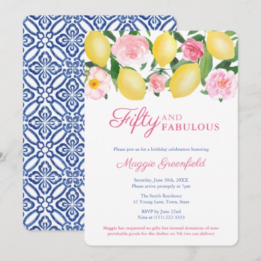 Positano Lemon 50 en Fabulous 50th Birthday Party Kaart (Voorkant / Achterkant)