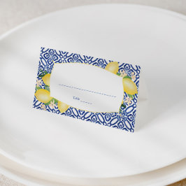 Positano Lemons Blue and White Pattern Wedding Plaatskaartje