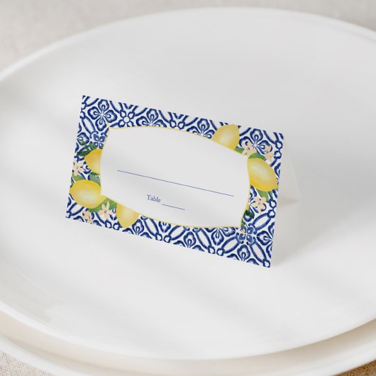 Positano Lemons Blue and White Pattern Wedding Plaatskaartje