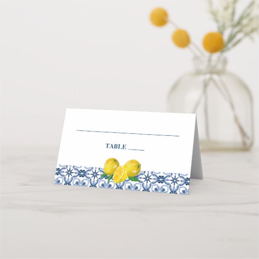 Positano Lemons Blue and White Pattern Wedding Plaatskaartje (Voorkant)