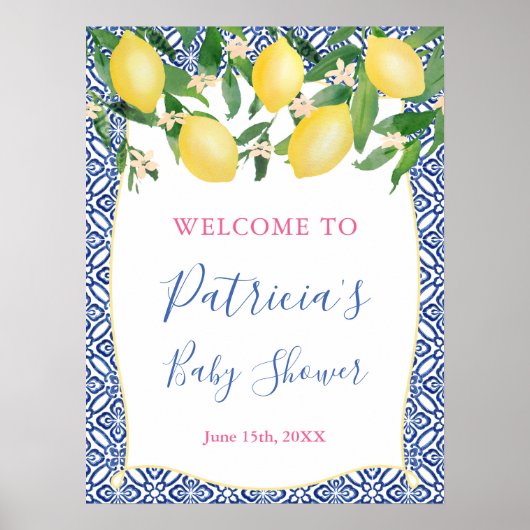 Positano Lemons Blue Pattern Tiles Shower Poster (Voorkant)