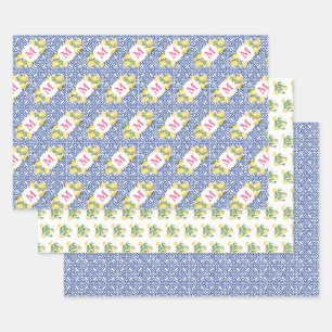 Positano Lemons Monogram Blue White Tile Patroon Inpakpapier Vel