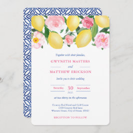 Positano Lemons Pink Floral Blue Tegel Wedding Kaart