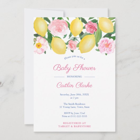 Positano Lemons Pink Roses Girl Baby shower Kaart (Voorkant)