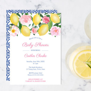 Positano Lemons Pink Roses Girl Baby shower Kaart