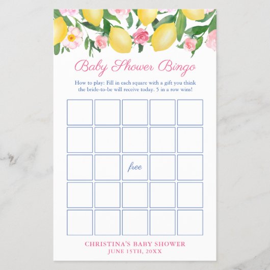 Positano Lemons Roze Baby shower Bingo Game Kaart (Voorkant)