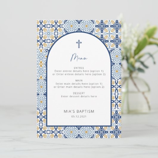 Positano Mediterranean Blue Tile Baptism-menukaart Kaart (Staand voorkant)