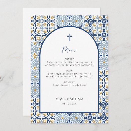 Positano Mediterranean Blue Tile Baptism-menukaart Kaart (Voorkant / Achterkant)