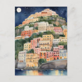 Positano Night, Italië, Waterverf Italiaanse kust Briefkaart (Voorkant)