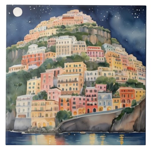 Positano Night, Italië, Waterverf Italiaanse kust Tegeltje (Voorkant)