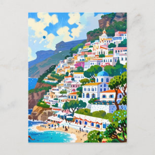 Positano Village, Italië, Waterverf aan de Italiaa Briefkaart