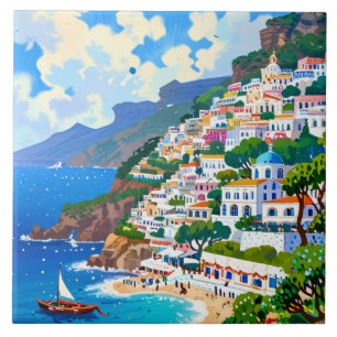 Positano Village, Italië, Waterverf aan de Italiaa Tegeltje