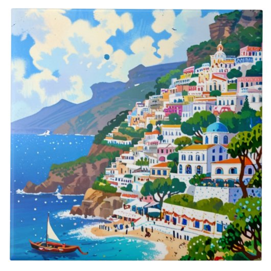 Positano Village, Italië, Waterverf aan de Italiaa Tegeltje (Voorkant)