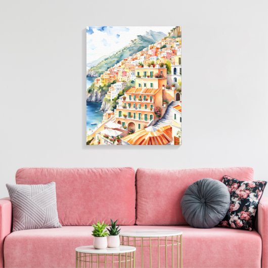 Positano: Waterverf charme van de Italiaanse Amalf Canvas Afdruk (Insitu (Woonkamer))