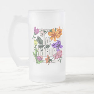 Positief citaat Wees blij en tuinbloemen Matglas Bierpul