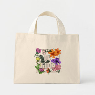 Positief citaat Wees blij en tuinbloemen Mini Tote Bag