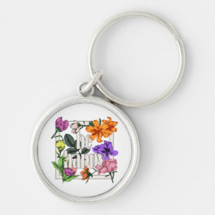 Positief citaat Wees blij en tuinbloemen Sleutelhanger
