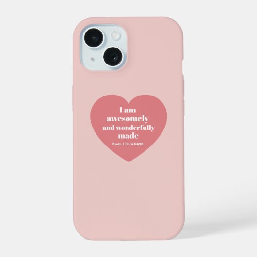 Positieve Bijbelvers Bevestiging Roze Hart Schatti iPhone 15 Case (Achterkant)