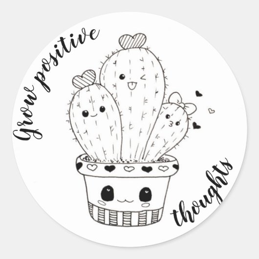 Positieve gedachten kweken // Funny Cacti Doodle Ronde Sticker (Voorkant)