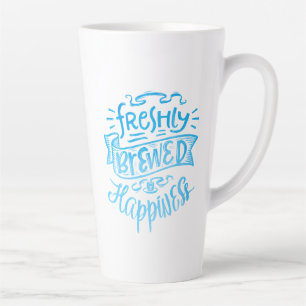 Positieve koffiequote blauwe kalligrafie hoge witt latte mok