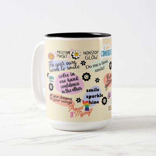 Positieve mindset tweekleurige koffiemok (Voorkant links)