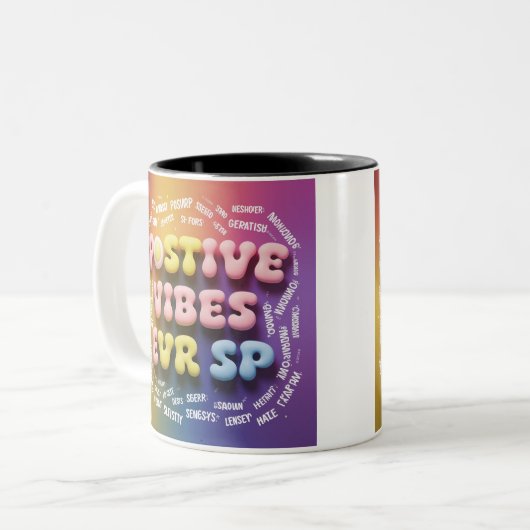 "Positieve vibes in elke slok" Tweekleurige Koffiemok (Voorkant links)