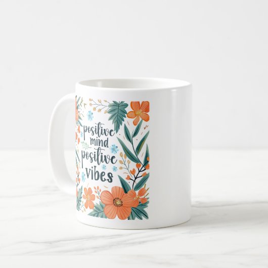 "Positive Mind Positive Vibes" Oranje Bloemen Koffiemok (Voorkant links)