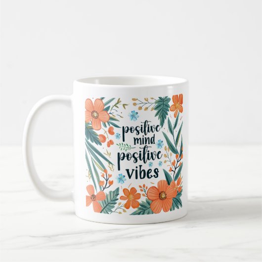 "Positive Mind Positive Vibes" Oranje Bloemen Koffiemok (Links)