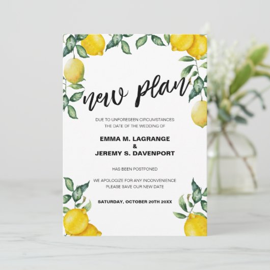 Posponed bruiloft date, lemon new plan aankondigin save the date (Staand voorkant)