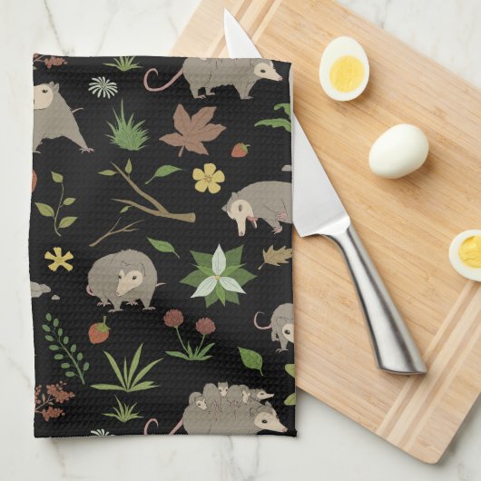 Possum in a Berry Field in Black Theedoek (Quarter Fold)