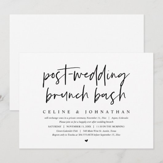 Post-bruiloft Brunch Bash, bruiloft Elopement Kaart (Voorkant / Achterkant)