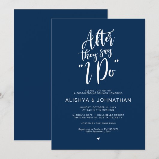 Post bruiloft brunch, rustieke marine blauwe uitno kaart (Voorkant / Achterkant)