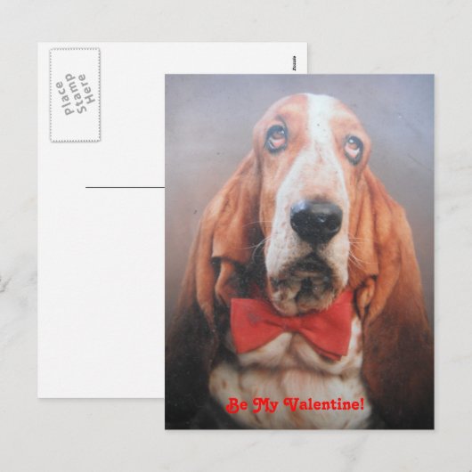 Post Kaart Basset Hound in Red Bow Stropdas, Be My (Voorkant / Achterkant)