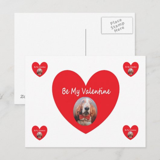 Post Kaart Basset Hound Red Heart Be My Valentijn (Voorkant / Achterkant)