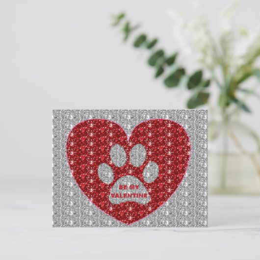 Post Kaart Paw Heart Red Silver Be My Valentijn (Staand voorkant)