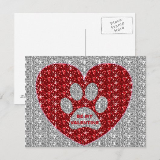 Post Kaart Paw Heart Red Silver Be My Valentijn (Voorkant / Achterkant)