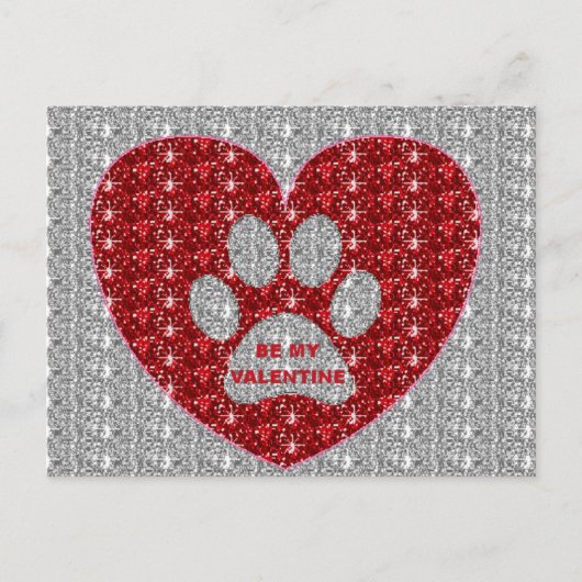 Post Kaart Paw Heart Red Silver Be My Valentijn (Voorkant)