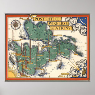 Post Kantoor Wireless Stations Map, Groot-Brittann Poster